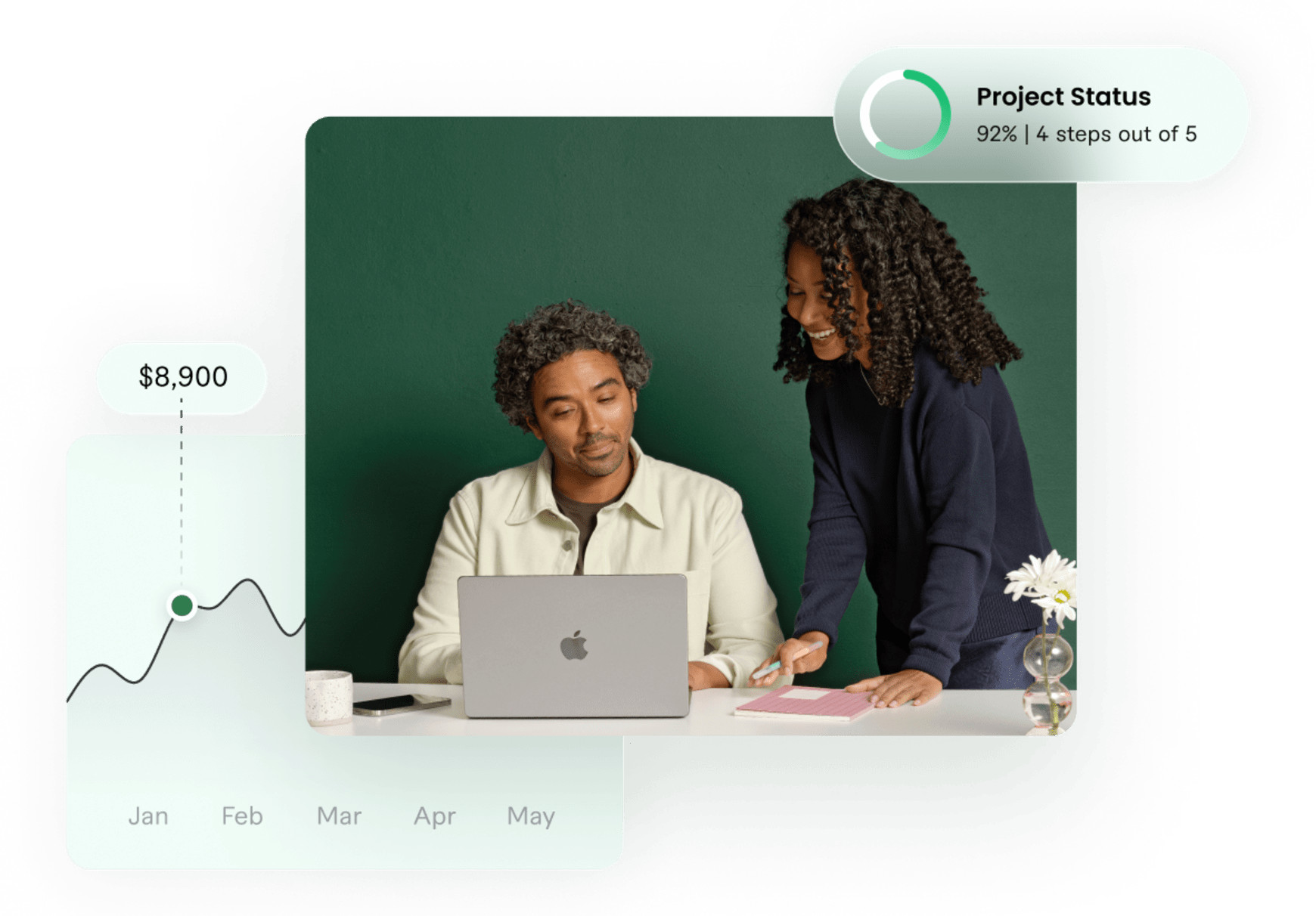 Two people working on a laptop with project status and graph overlays
